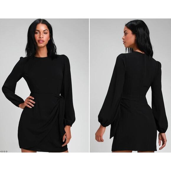 NWT Lulus Believe It or Knot Black Long Sleeve Tie-Front Skater Dress - Size S - Picture 2 of 7